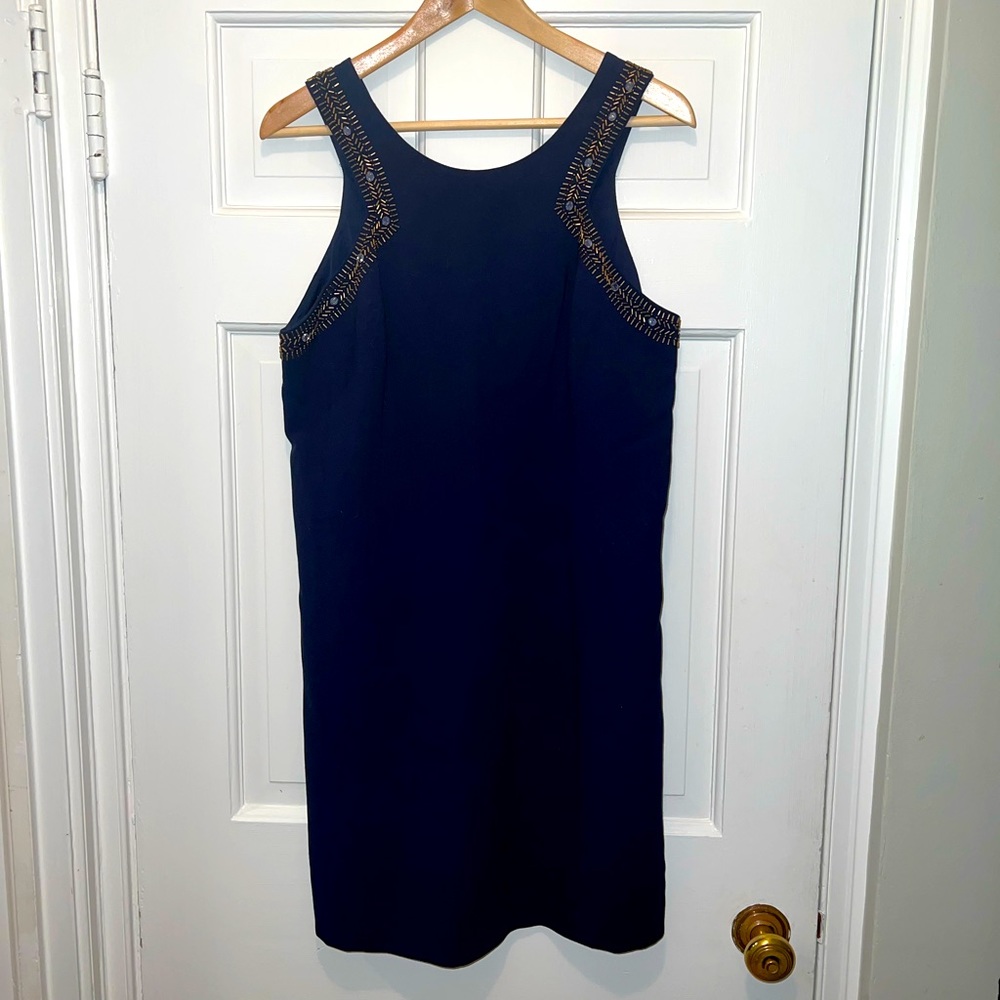 Navy Blue Lilly Pulitzer Sleeveless Shift Dress with Gold Beaded Detail